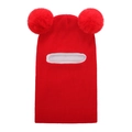 Detail of red knit baby balaclava with dual pom-poms and thick white fleece lining - Red
