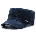 Men's navy blue washed denim flat top army cap with a vintage distressed patrol style - Navy Blue