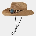 Ethnic wide brim straw sun hat with beaded western band and turquoise accent - One Size / Khaki