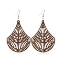 Detailed view of hollowed wood drop earrings with intricate floral pattern and brown finish - Style 21