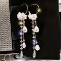 Elegant long white fabric flower earrings with faux pearls and sparkling crystal tassels - White Flower Pearl Crystal Tassel