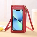 Rote Touchscreen-Handytasche zum Umhängen mit Sichtfenster und Leder mit Litschistruktur - Rot