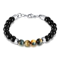 Pulsera para hombre de acero inoxidable con piedras de ojo de tigre sobre fondo blanco - Pulsera de Acero-Ojo de Tigre de Ensueño Natural