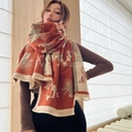 Elegant orange faux cashmere scarf with vintage horse carriage pattern and tassels - Carriage Years-Orange