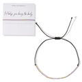 Pulsera de código Morse con cuentas moradas y doradas en cordón negro y tarjeta - Código Morse Púrpura Negro Oro