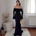 Elegant black lace off-shoulder maxi dress with flared sleeves and floor-length hem - S / Black without Lining with Trailer