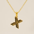 Golden bark textured X-shaped letter pendant necklace with black irregular inlay finish - Gold Letter X