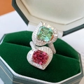 Exquisite double heart ring featuring green and pink square gemstones in a velvet box - White Gold Plated Copper / Adjustable Ring