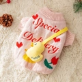 Pink knit pet sweater with red hearts and a cute 3D yellow duck plush charm accessory - Pink Duck Carrier Bag