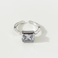 Detailed close-up of S925 sterling silver ring with bamboo texture and rectangular zircon - Adjustable Open / 925 Sterling Silver + White Zirconia / Bamboo Texture Style (J1634)