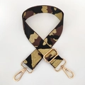 Close-up of wide camouflage bag strap with premium gold metal hooks and adjustable buckle - Coffee Gold Thread + Gold Buckle