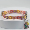 Detail of colorful floral lace cat collar with heart pendant and gold bell accessory - Heart Pendant/Metal Bell / Pink Heart