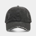 Detailed view of black distressed denim baseball cap with frayed brim and washed texture - Adjustable / Dark Gray