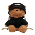 Cute plush bear crossbody bag wearing a black hoodie and bucket hat with gold chain strap - Black