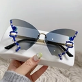 Chic rimless butterfly sunglasses with grey gradient lenses and blue rhinestone accents - Butterfly Blue Tea
