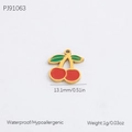 Golden cherry jewelry pendant with red fruit and green leaves for DIY necklaces - PJ91063 Enamel Cherry Pendant