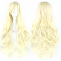 Light blonde long wavy cosplay wig with side bangs, front and back view on white model - Light Gold Color