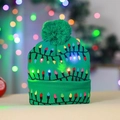 Green knitted Christmas hat with glowing LED lights and festive pompoms on top - Green Cuffed Hat/Light String