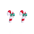 Detailed view of candy cane stud earrings with green bows and red white enamel coating - A138-22 Candy Cane