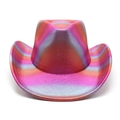 Detail of western cowboy hat featuring laser holographic rainbow stripes and metallic finish - M (56-58cm) / Rose Pink