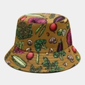 Mustard yellow reversible bucket hat with colorful hand-drawn vegetable pattern prints - Mustard Yellow Base Full Vegetable Print (21# Color)