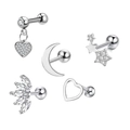 5pcs silver stainless steel stud earring set with moon star heart and zircon gems - Set 15 (Silver/Heart Pendant/Moon Star Flower)