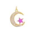 18K gold plated crescent moon pendant with micro-pave zircons and pink enamel star - Magenta