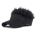 Detail of creative visor hat featuring a black brim and unique fluffy synthetic hair top - Adjustable / Baseball Cap / Black Baseball Cap with Black Fluffy Wig