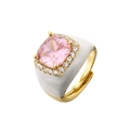 Close-up of pink cushion-cut zircon ring with white enamel finish and gold accents - Adjustable Open / White Gold Plated Pink Stone