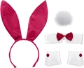 Cosplay rabbit accessory set with rose red satin bunny ears and white plush tail - Wine Red 4-Piece Set