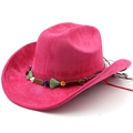 Macro shot of ethnic colorful beads and braided rope decor on rose red suede cowboy hat - Rose Red