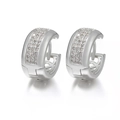 Silver hoop earrings with micro-pave white zircon stones in a wide semicircular design - 8-Silver Wide Three Row Pave Huggie / Silver