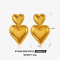 Eleganti orecchini a doppio cuore in acciaio inossidabile placcato oro 18 carati - 3.3x2cm / Orecchini a cuore a doppio strato lucidi - Oro 1