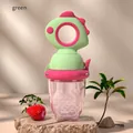 Dinosaur shaped baby fruit feeder in green with silicone pouch on stone base - Deke Green Dinosaur / Green