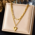 Detail of gold-plated stainless steel double-layered necklace with a 3D heart pendant - Thick Link and Horseshoe Chain 3D Heart Style (N4108)