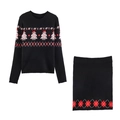 Women's two-piece black knit set with Christmas tree and argyle jacquard patterns - S / Black
