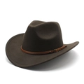 Classic dark brown felt western cowboy hat with a leather decorative band on white background - M(56-58cm) / Coffee