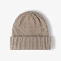 Winter warm cable knit beanie in light khaki oatmeal color with thick folded cuff - One Size(Adjustable) / Camel