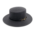 Close-up of black straw flat top hat featuring a leather band with gold buckle detail - Black