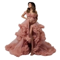 Pink off-the-shoulder maternity tulle maxi dress with split hem for photography - Pink