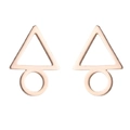 Detail view of rose gold geometric stud earrings with triangle and hollow circle design - Triangle Circle Geometric / Rose Gold