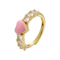 Close-up of gold adjustable heart ring with pink enamel and micro-set cubic zirconia - Pink