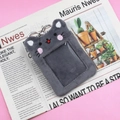 Detail of grey plush cat card holder with transparent window and metal keyring hanger - Grey Cat