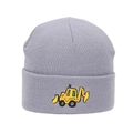 Detail of yellow excavator embroidery on purple ribbed knit beanie for boys - 2-6 Years Old / Light Gray