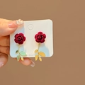 Elegant wine red flocked rose earrings with golden metal leaf charms and 925 silver needles - E2997 Burgundy Flocking Rose Gold Leaf Style