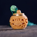 Carved green sandalwood sachet pendant with lotus pattern and green tassel - Xi Shi Lantern Style (7) / Approx. 2.8*2.6cm / Without Scent Beads