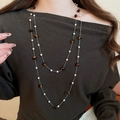 Detail of double-layered necklace featuring vintage tiger eye beads and white faux pearls - 11# Necklace-Gold-Brown-Double Layer Elegant