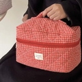 Quilted berry plaid cosmetic bag with red zipper and top handle for travel storage - Makeup Bag / Raspberry Check (Red)