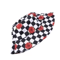 Detail of checkered bucket hat with red rose floral print on woven cotton fabric - One Size / Black White Grid-Rose Print Style