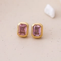Minimalist gold plated stud earrings with a rectangle pink purple zircon stone - 14K Gold-Pink Zirconia